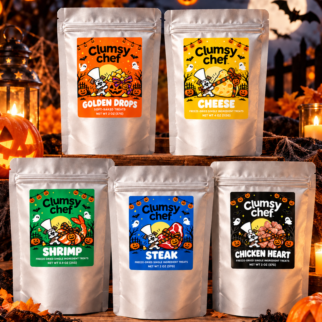 Halloween Dog Treat Gift Box – 5-Pack Treat Bundle for Dogs & Cats | Freeze-Dried & Soft-Baked Pet Treats | Clumsy Chef